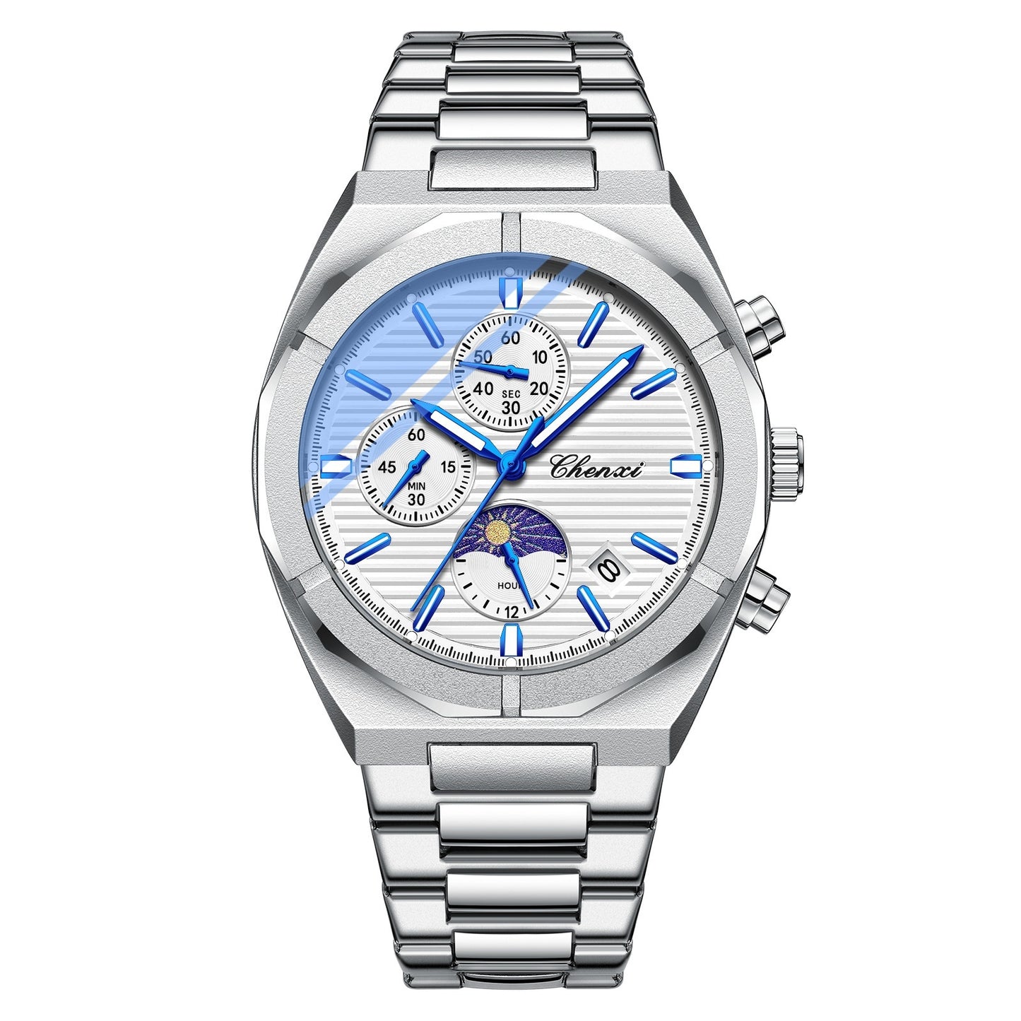 Multi-functional Men's Moon Phase Calendar Chronograph Waterproof Quartz Watch