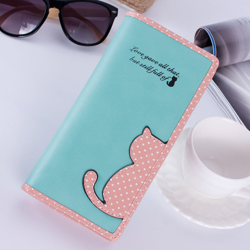 Korean version of the women's wallet long Korean version of the cute contrast color cat polka dot student zipper wallet wallet