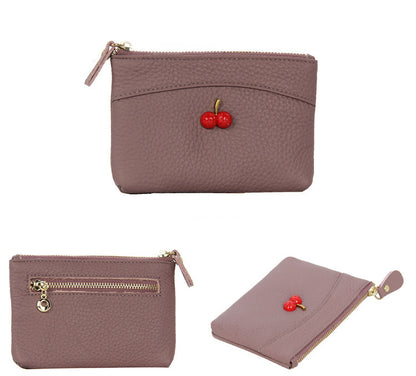 Ladies cherry zipper leather coin purse