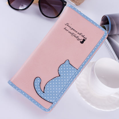 Korean version of the women's wallet long Korean version of the cute contrast color cat polka dot student zipper wallet wallet