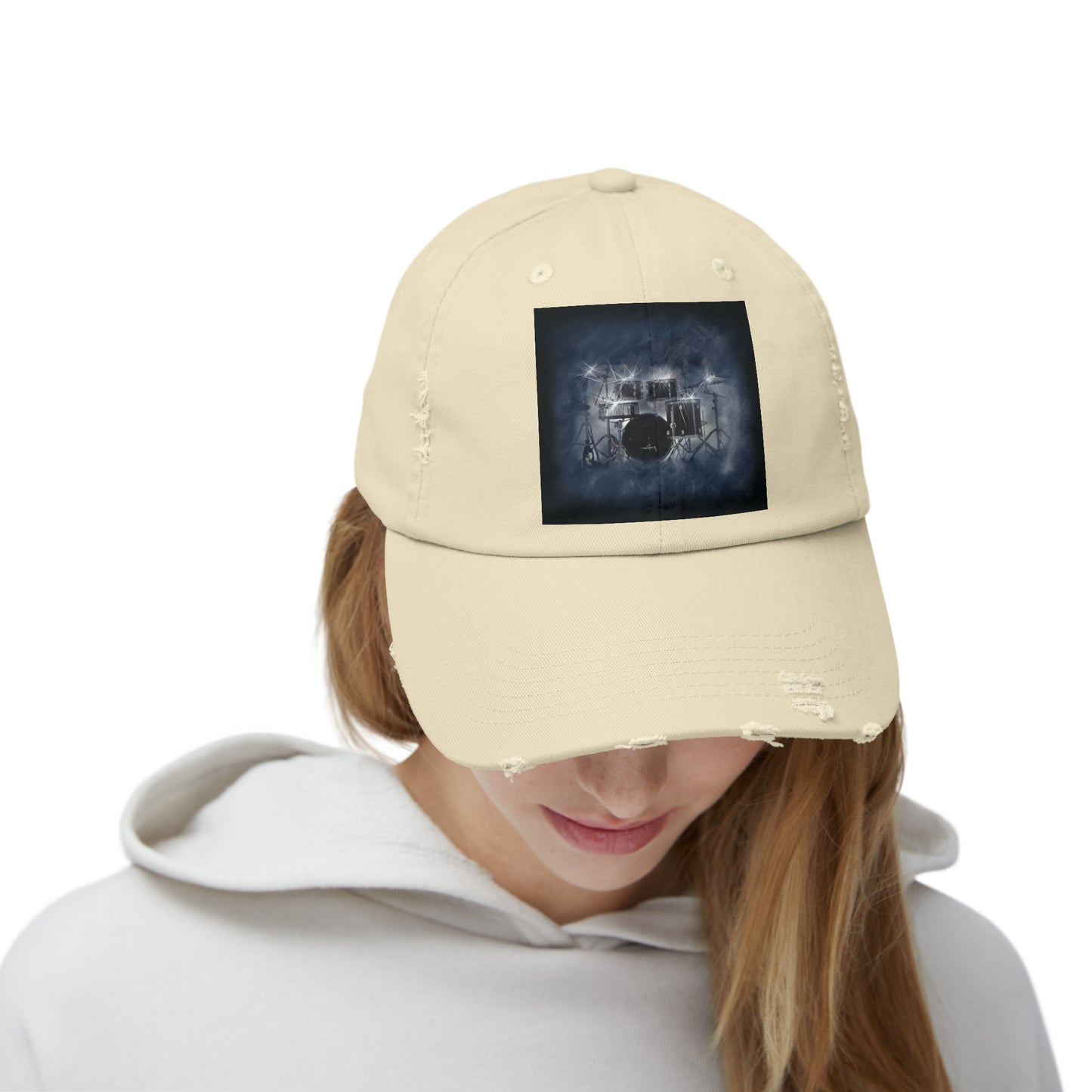 Unisex Distressed Cap with Drum Set Art