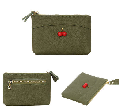 Ladies cherry zipper leather coin purse