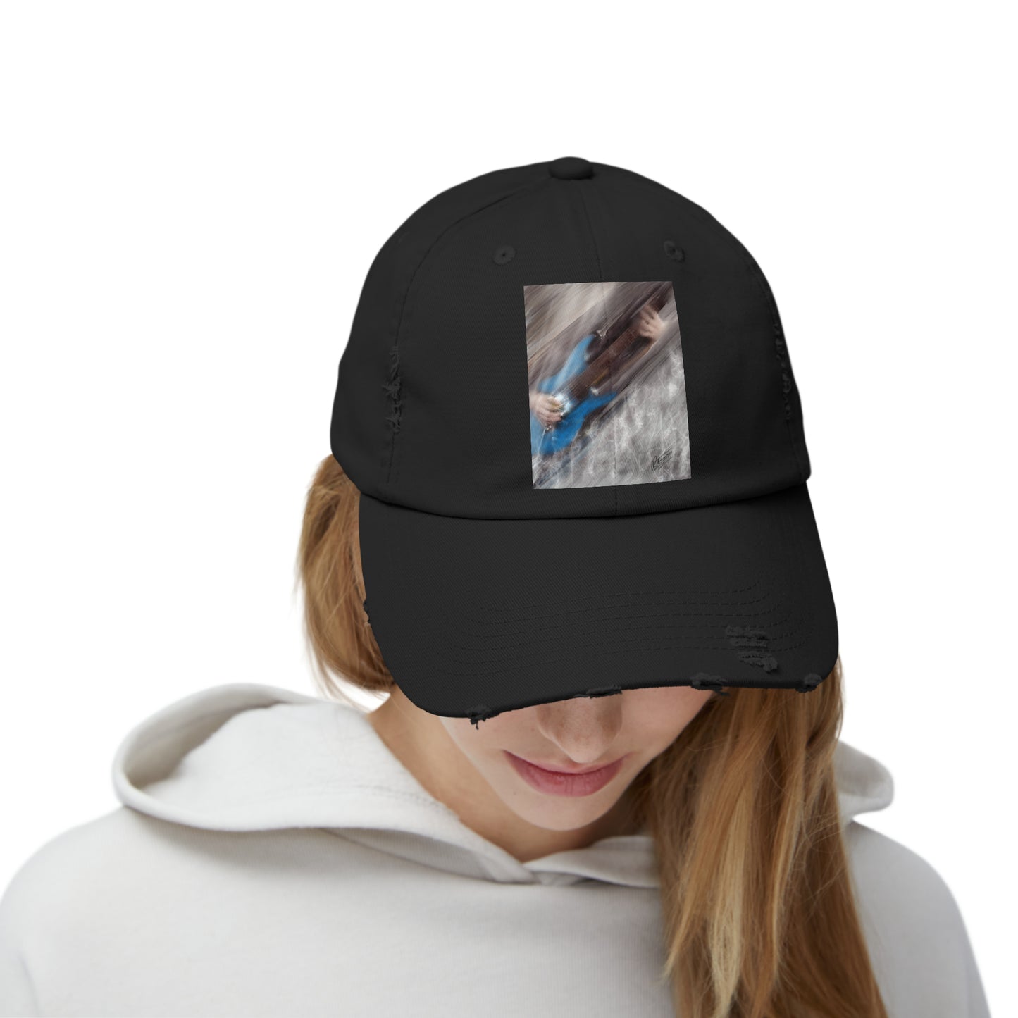 Unisex Distressed Cap with Guitar Art