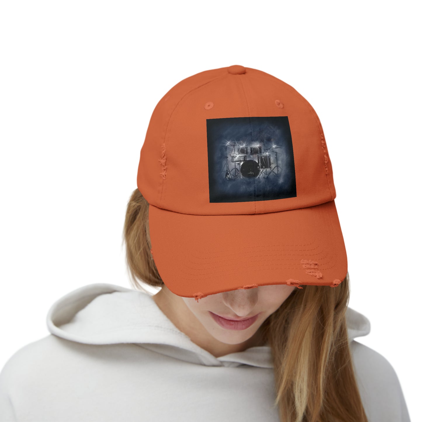 Unisex Distressed Cap with Drum Set Art