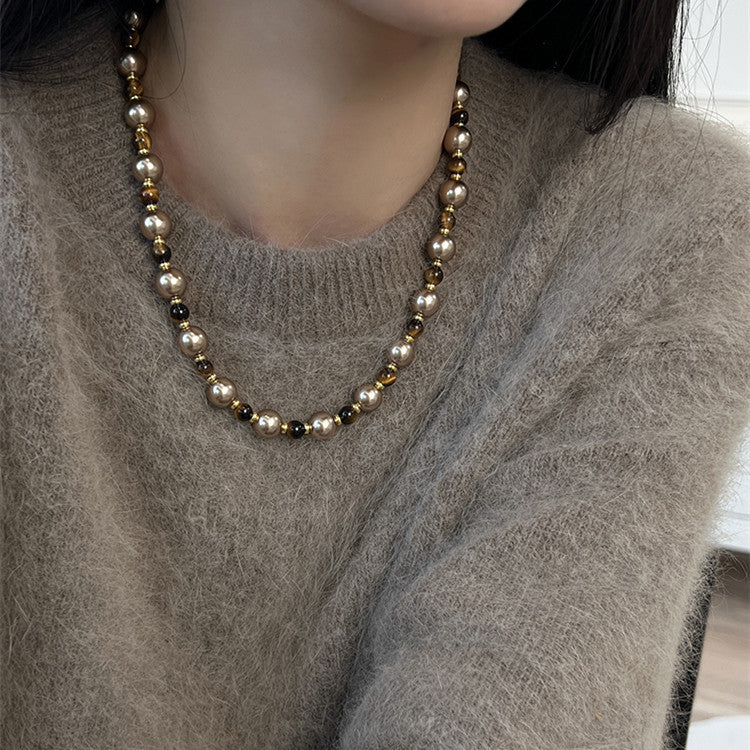 Brown Tiger Eye Pearl Necklace Autumn And Winter Light Luxury Niche Sweater Chain Women Fashion Jewelry