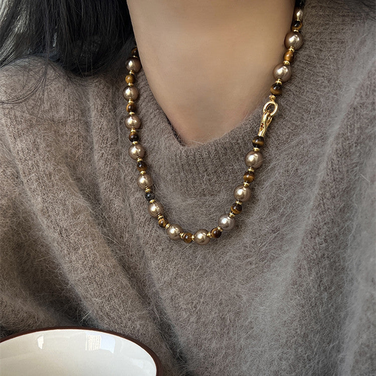 Brown Tiger Eye Pearl Necklace Autumn And Winter Light Luxury Niche Sweater Chain Women Fashion Jewelry